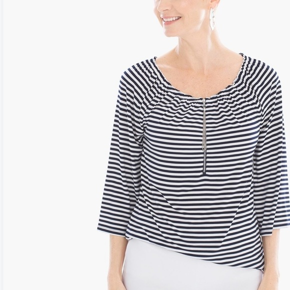 Chicos/ Stripe Off-The-Shoulder Top/ Blue & White Classic / size 1 - Picture 4 of 14